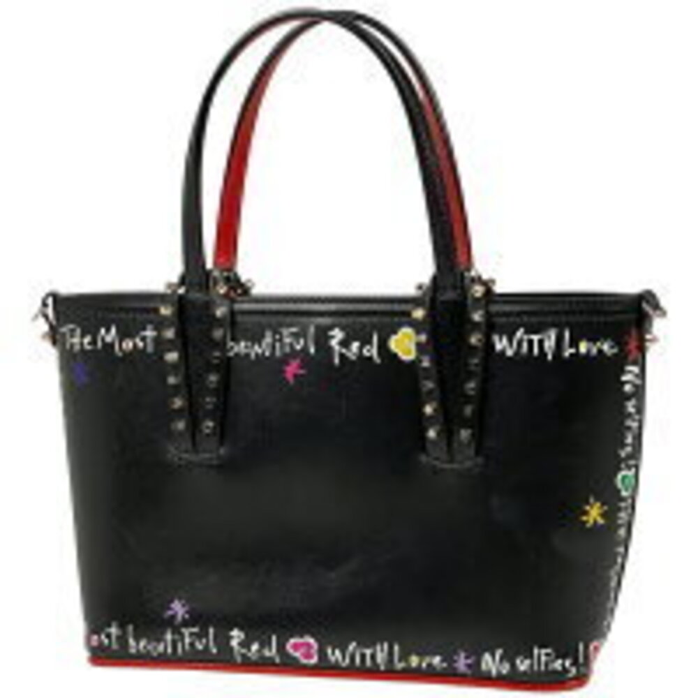 Christian Louboutin Kabata Tote Bag Painted Leather Shoulder Bag Black Red